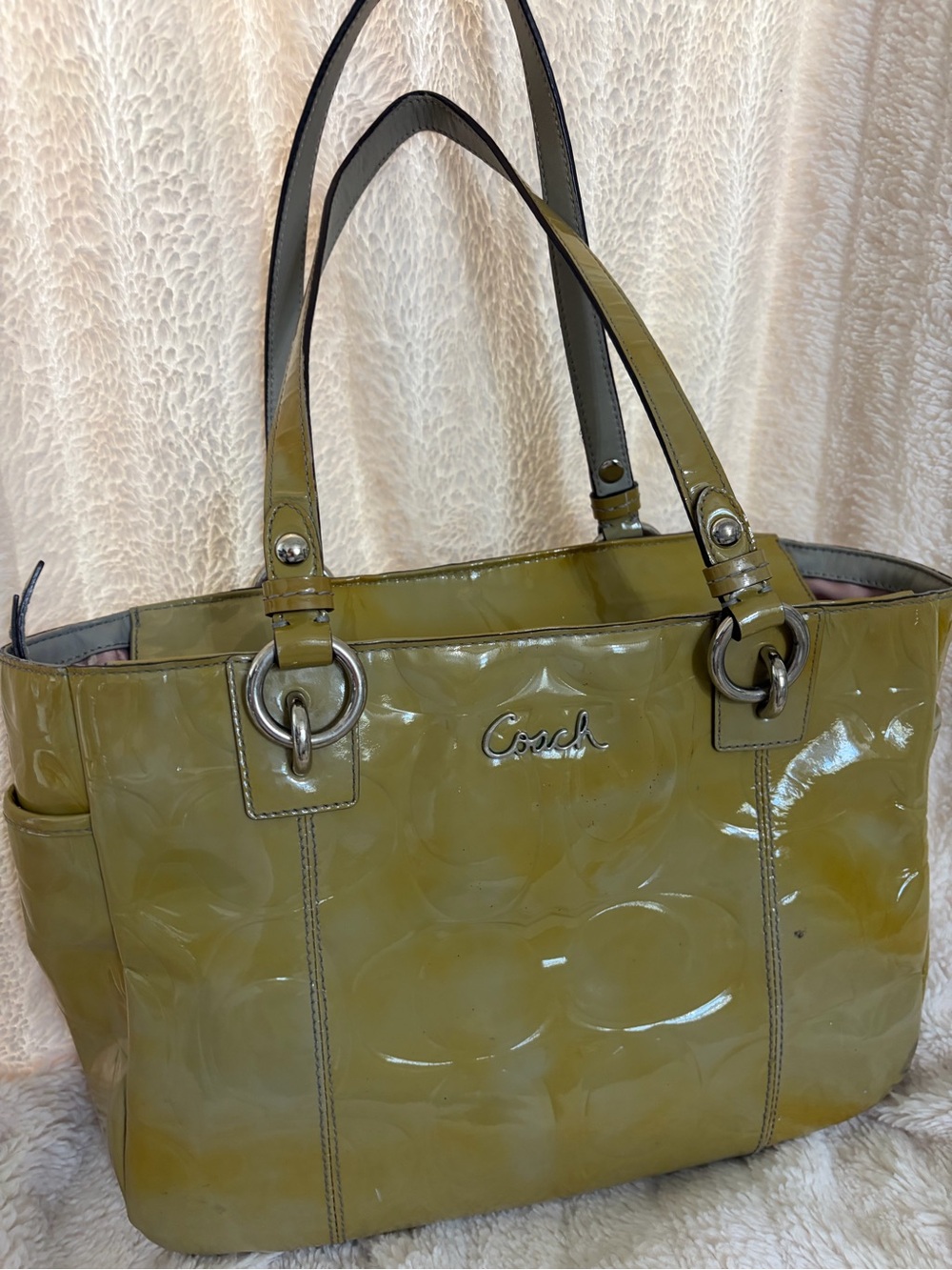 Coach Olive Patent Leather Tote with Silver Hardware